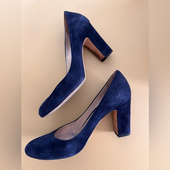 Jimmy Choo Georgia navy suede round toe pumps block heels sz 37.5 US 7.5 - Picture 1 of 4